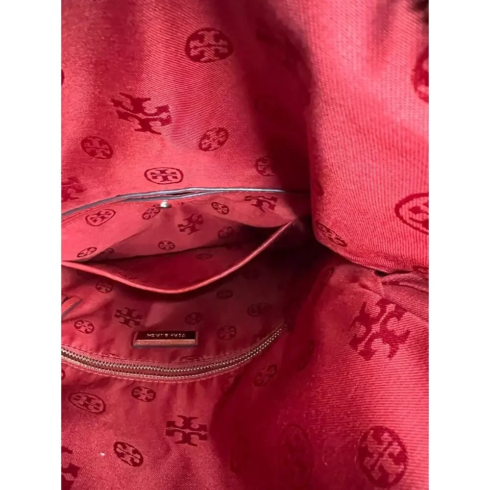 Tory Burch Pebbled Leather Foldover Crossbody Red Coral Tassel Shoulder Purse